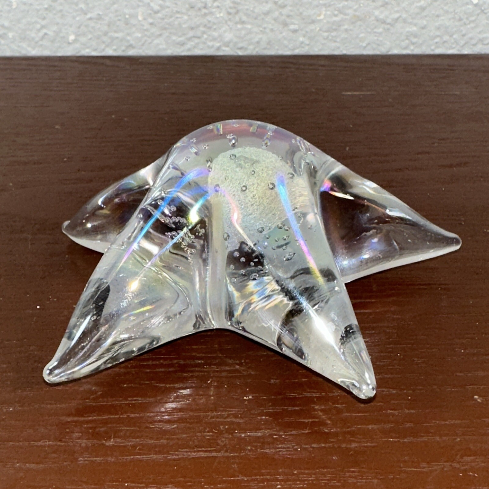 Hand Blown 5″ Iridescent Bullicante Clear Starfish Paperweight Bubbles Rainbow