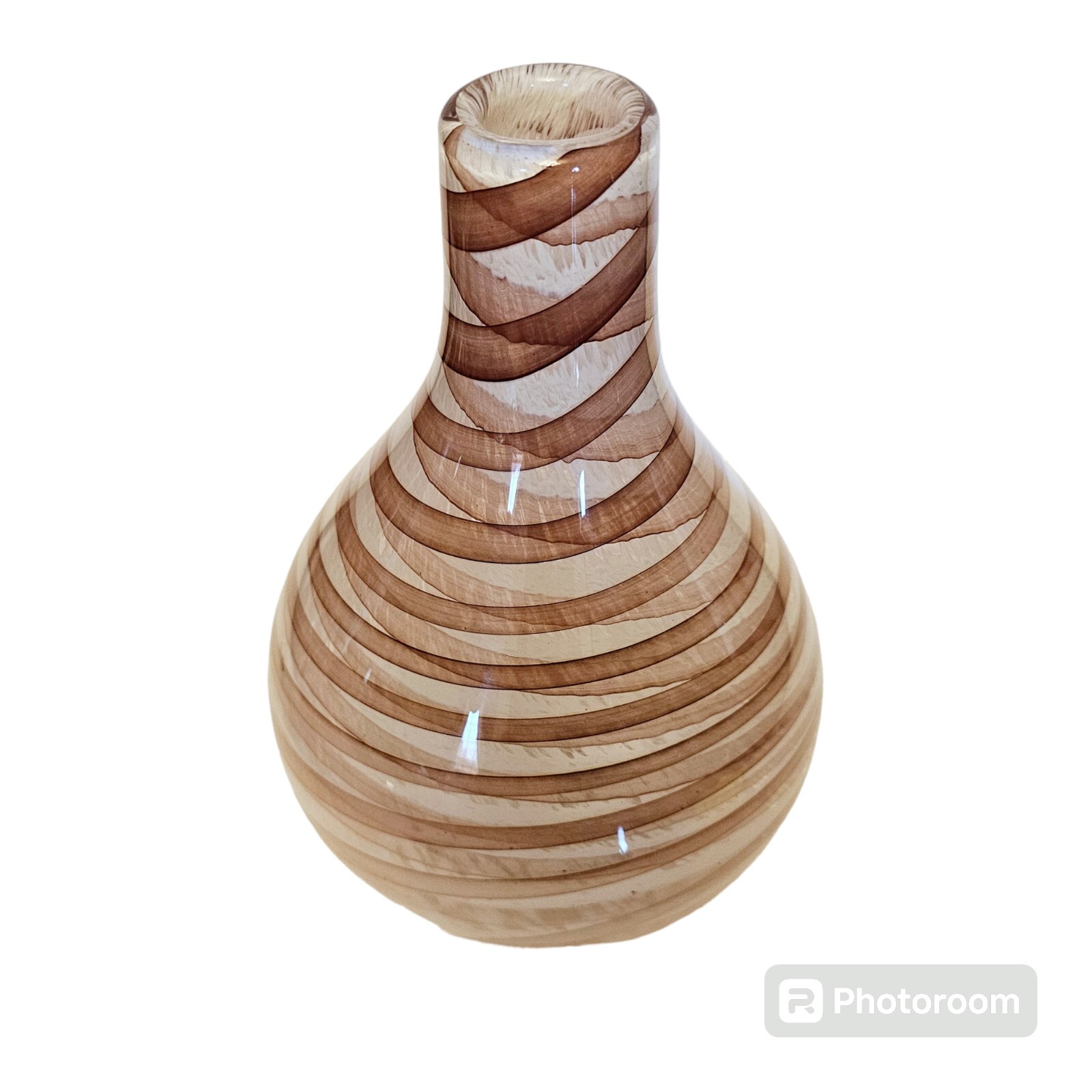 Hand Blown Art Glass Vase Pink White & Clear Striped Decorative 7″ x 10″