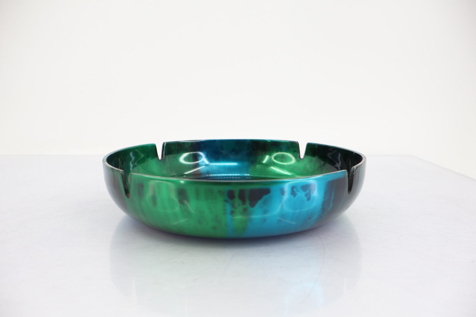 Iridescent Teal Green Black Enamel Metal Ashtray Catchall Dish Vintage MCM