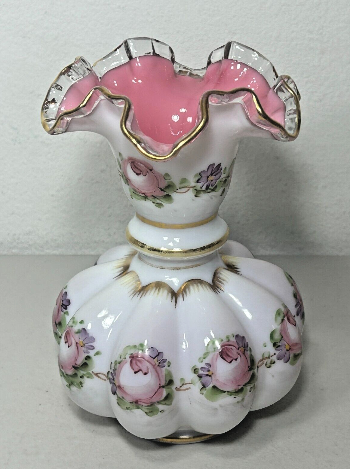Fenton Charleton Peach Crest Melon Vase 8.5″ Hand Painted Roses Vintage