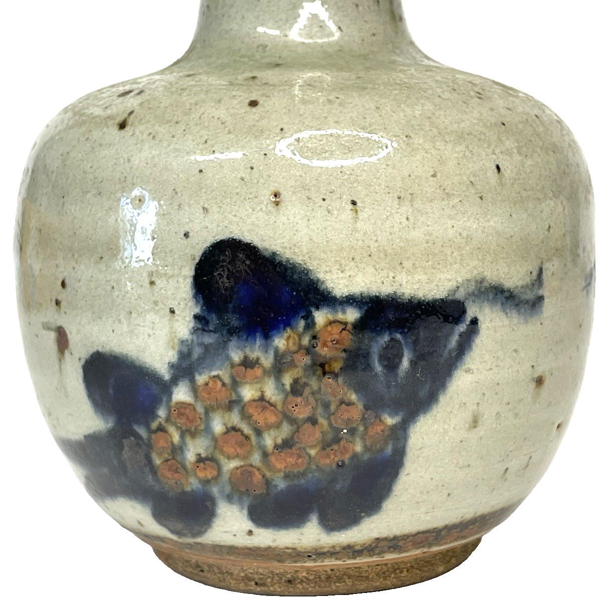 VTG Art Pottery Handmade Fish Vase Blue Rust Brown Natural Glaze Speckled Rustic