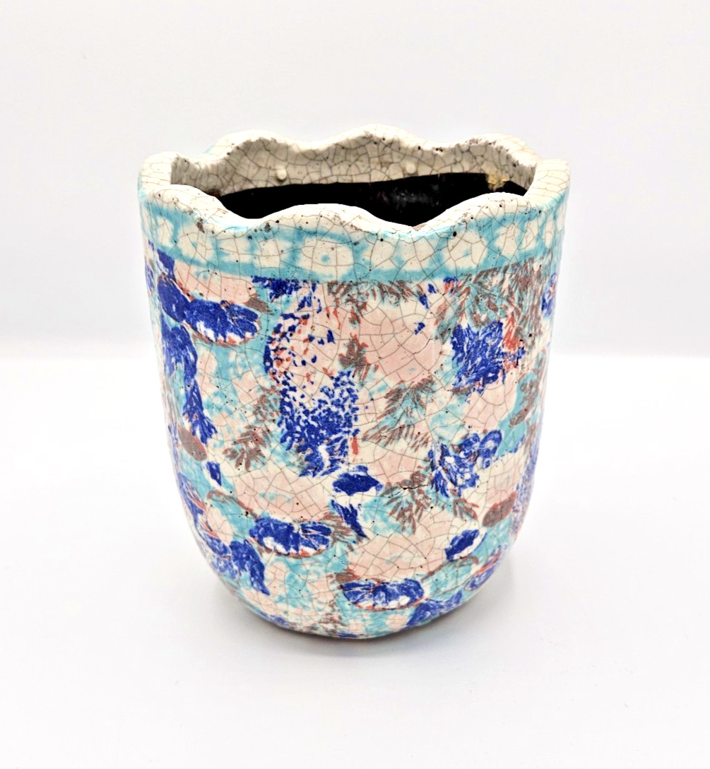 Anthropologie Blue Pink White Crackle Splatter Sponge Scallop Stoneware Planter