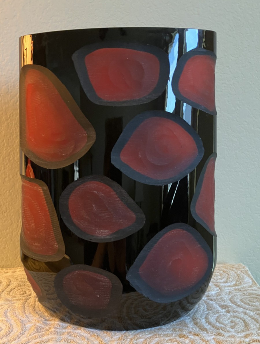 Vintage Sculptural Art Glass Piece Black and Red Battuto Style Large 12”x 8”