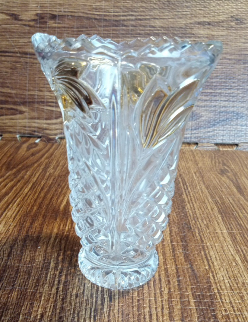 Lead Crystal Vase Anna Hutte Gold Leaves Design Bleikristall Germantown Vintage