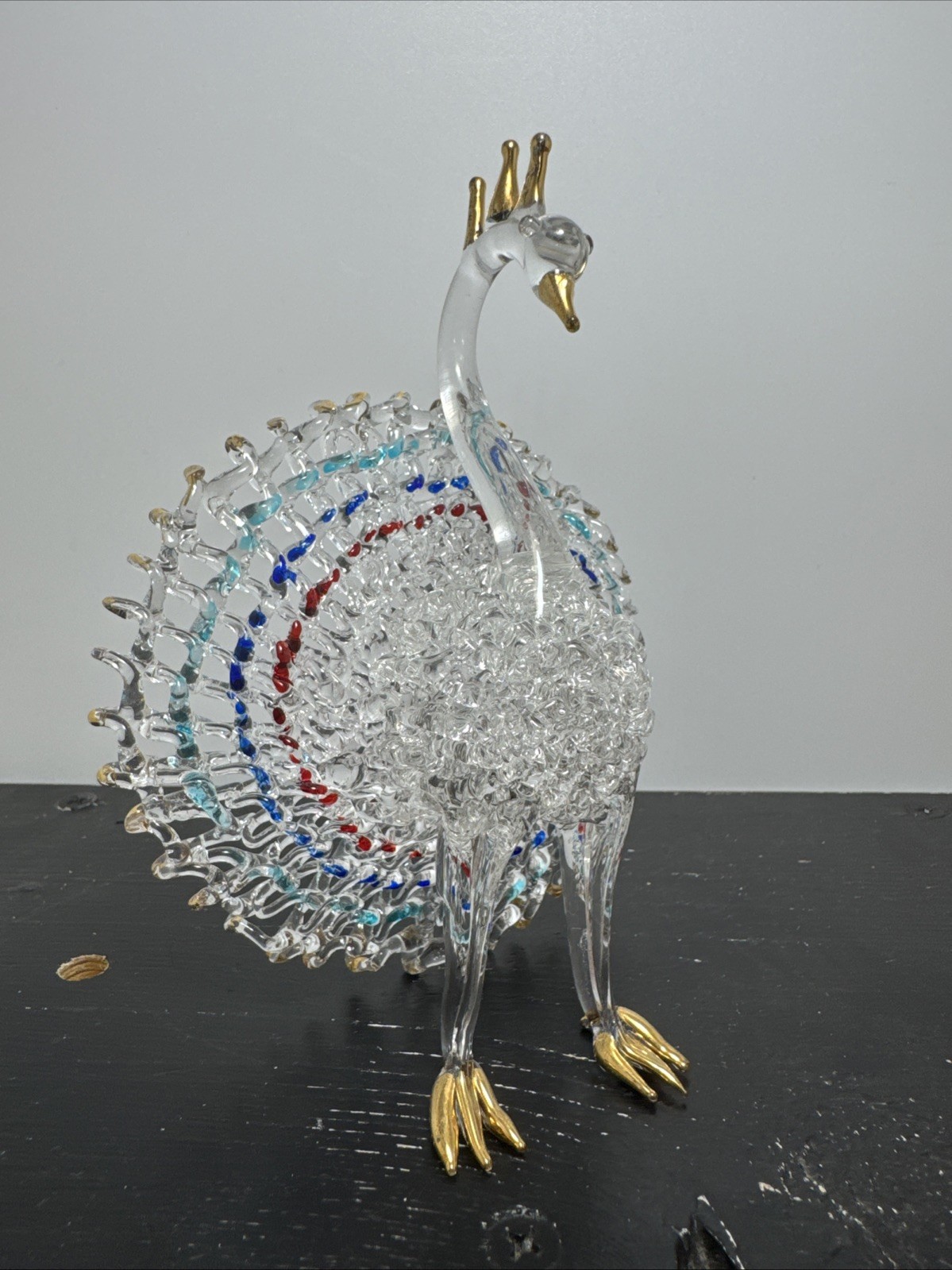Vintage Hand Blown Spun Art Glass Small Peacock Bird Figurine 5″ Tall