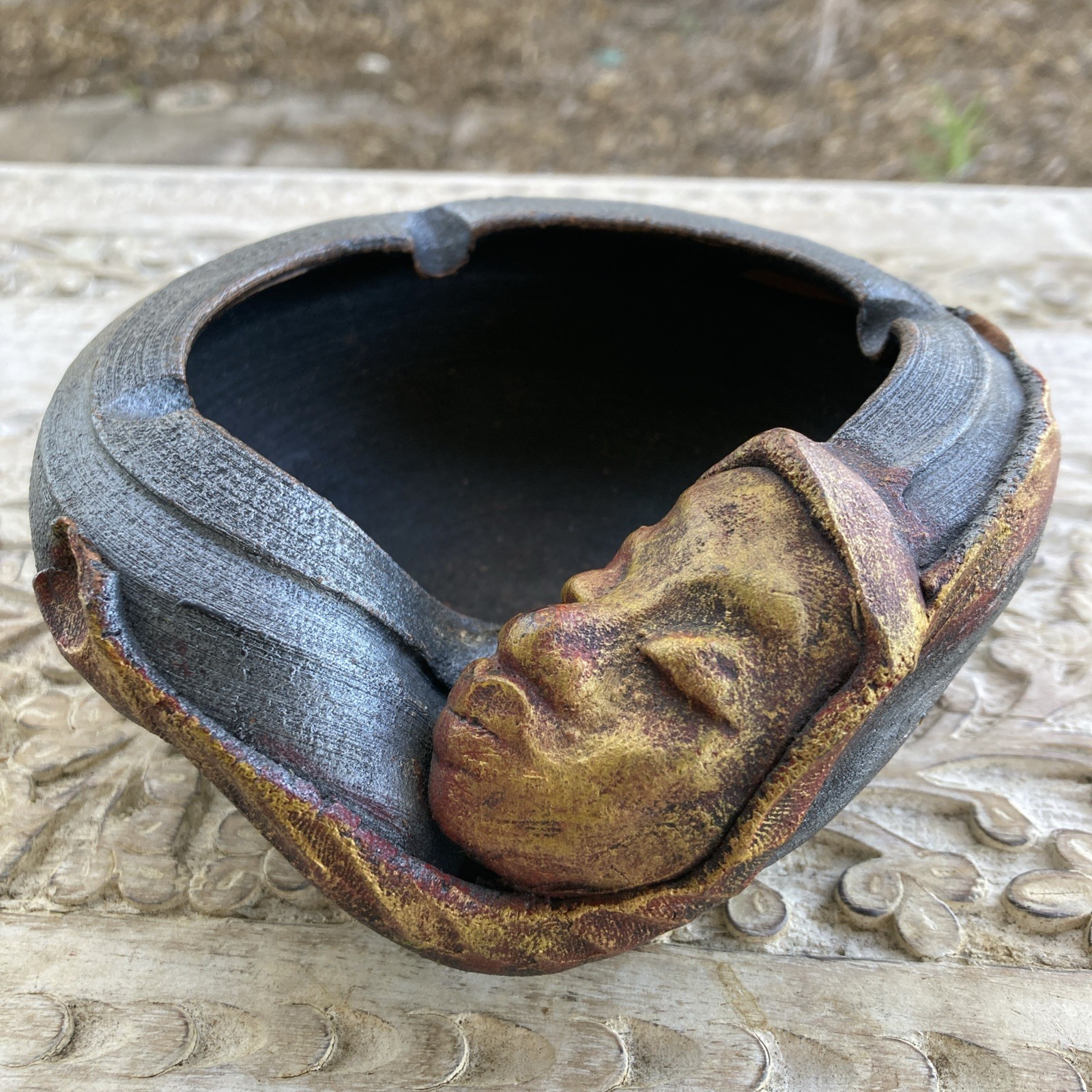 Vintage P Mykoo Woman Face Black & Gold Jamaican Art Pottery Bowl Ashtray * XLNT