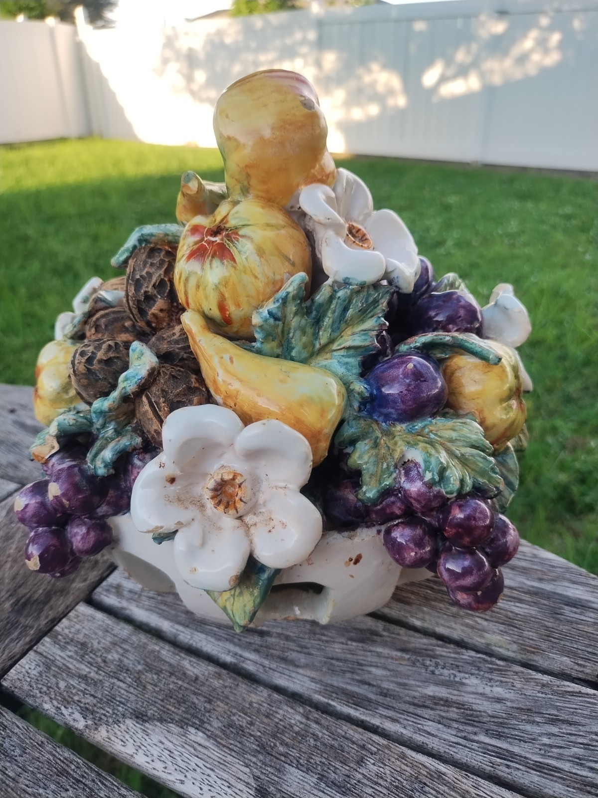 VINTAGE FRENCH BARBOTINE MAJOLICA POTTERY FRUIT AND WALNUTS BASKET CENTERPIECE