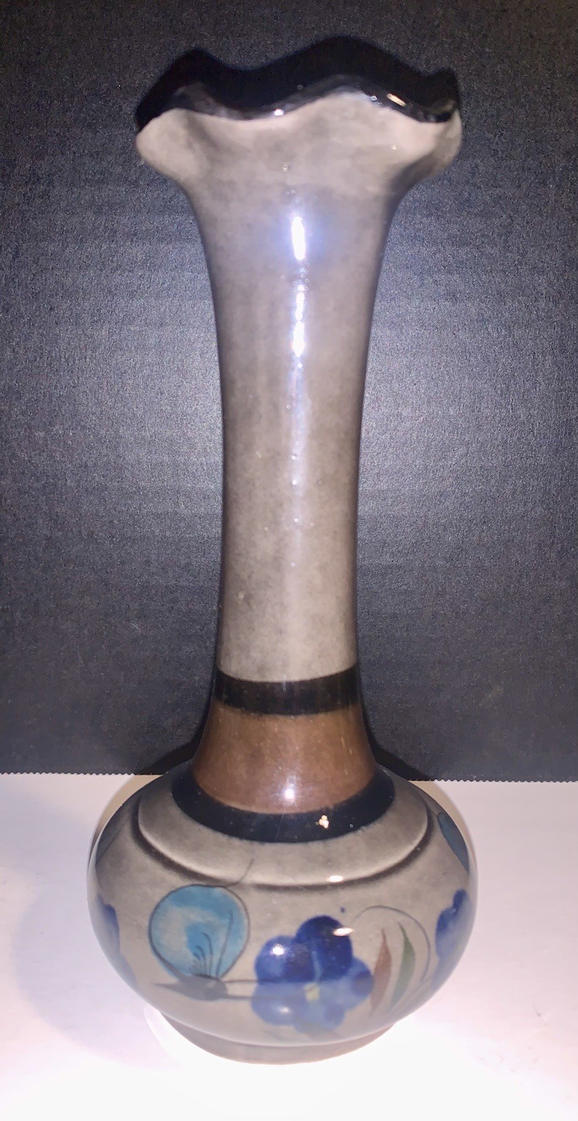 Mexican Folk Art Pottery Tonala Gray Hand Painted Floral Vase 7”