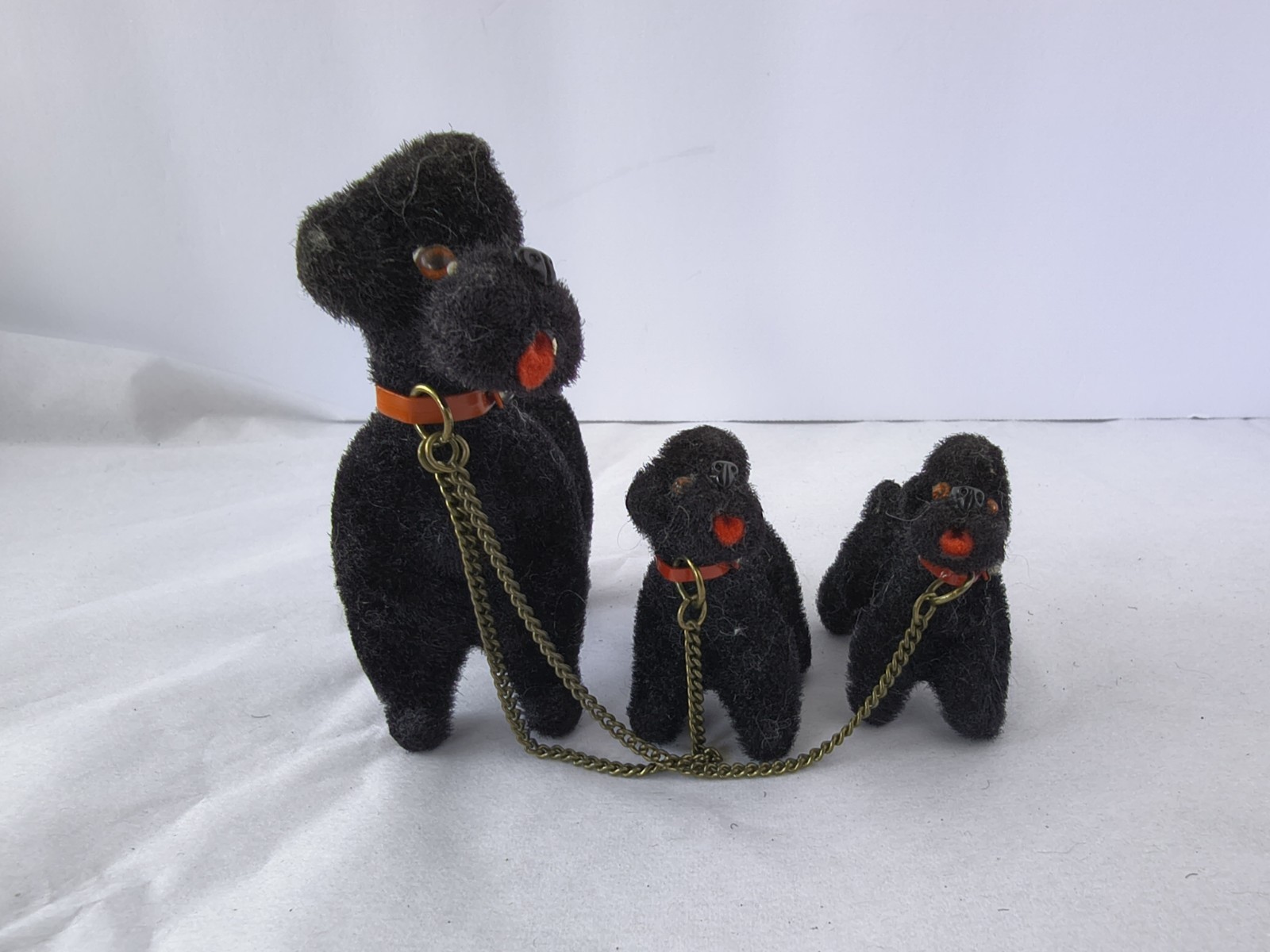 Vintage Set Of Three Max Carl Flocked Black Poodle Dogs Family West Germany
