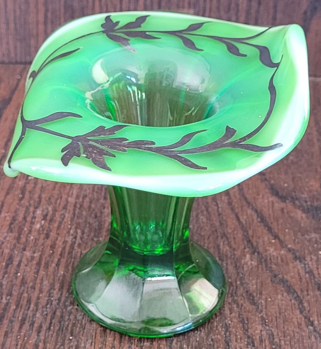 Duncan & Miller Silver Overlay Green Glass Jack in the Pulpit Vase