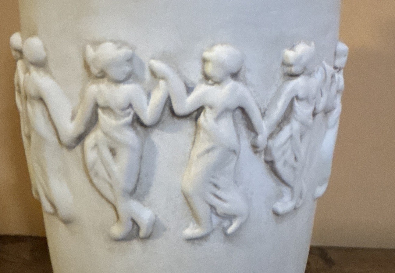 Rare 1930s Art Deco Greek Ceramic Urn Vase – Raised Classical Dancing Nymphs 12″