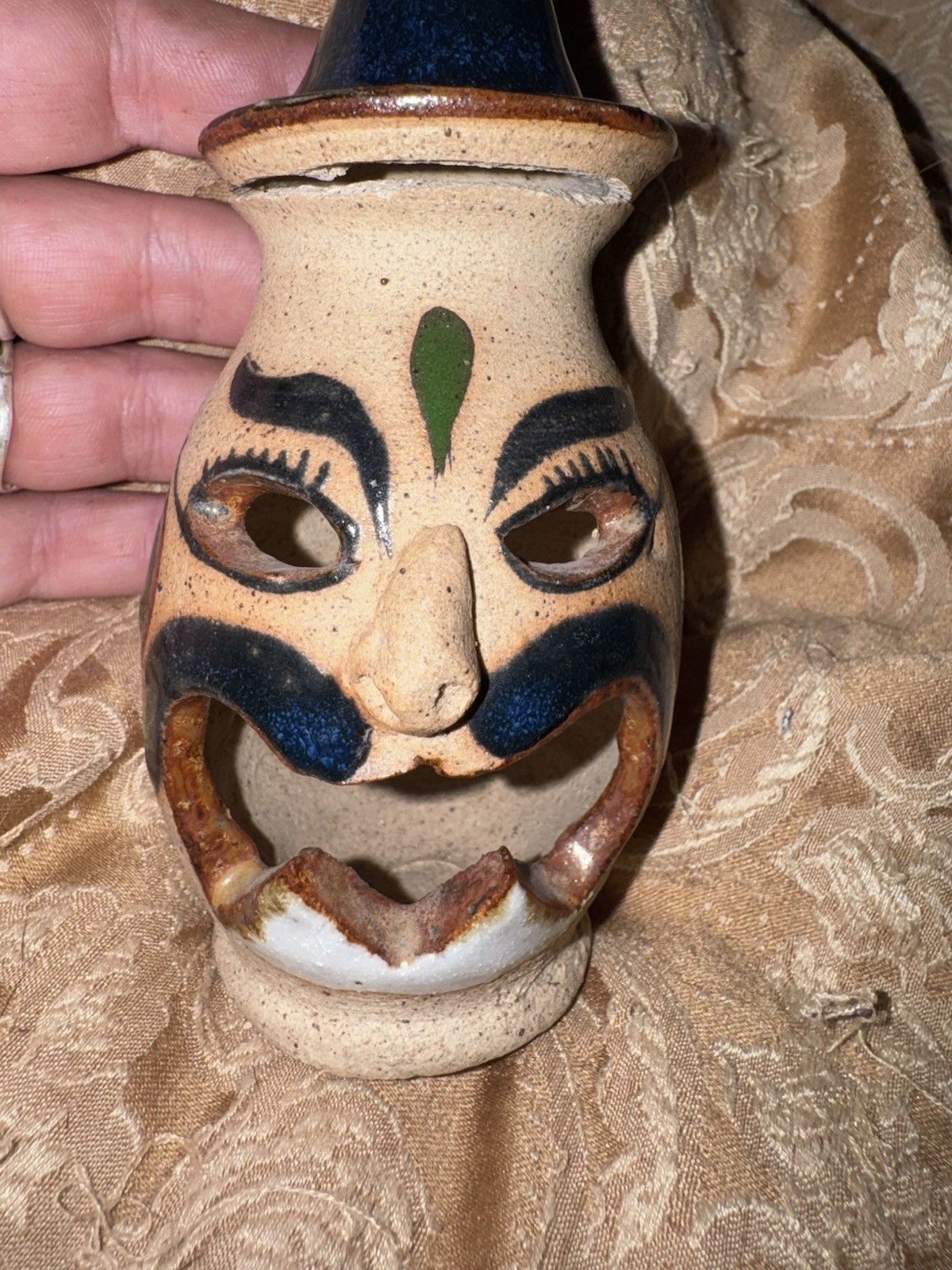 Mexico Hand-Painted Art Pottery Face Vase Abstract Glossy Beige Blue Brown
