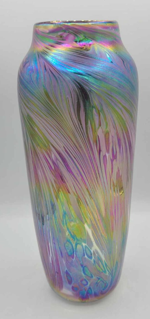 11″ Vintage Signed Hand Blown Art Glass Iridescent Vase Nuance of New Orleans