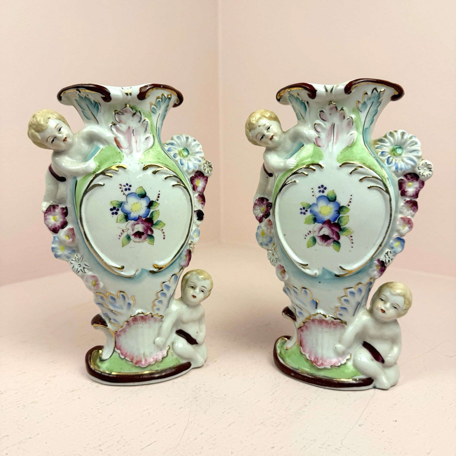 Vintage Porcelain Cherub Vase Hand Painted Old Paris Style Japan Set of 2
