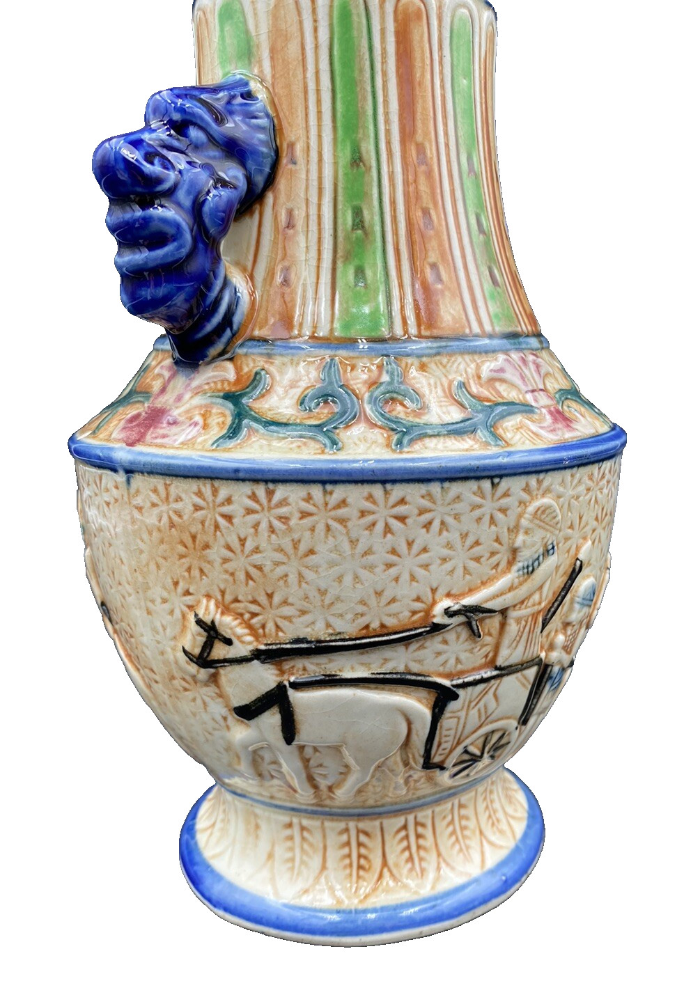 Vintage Ceramic Vase, Made in Japan, Egyptian/Etruscan Chariots, Face Handles