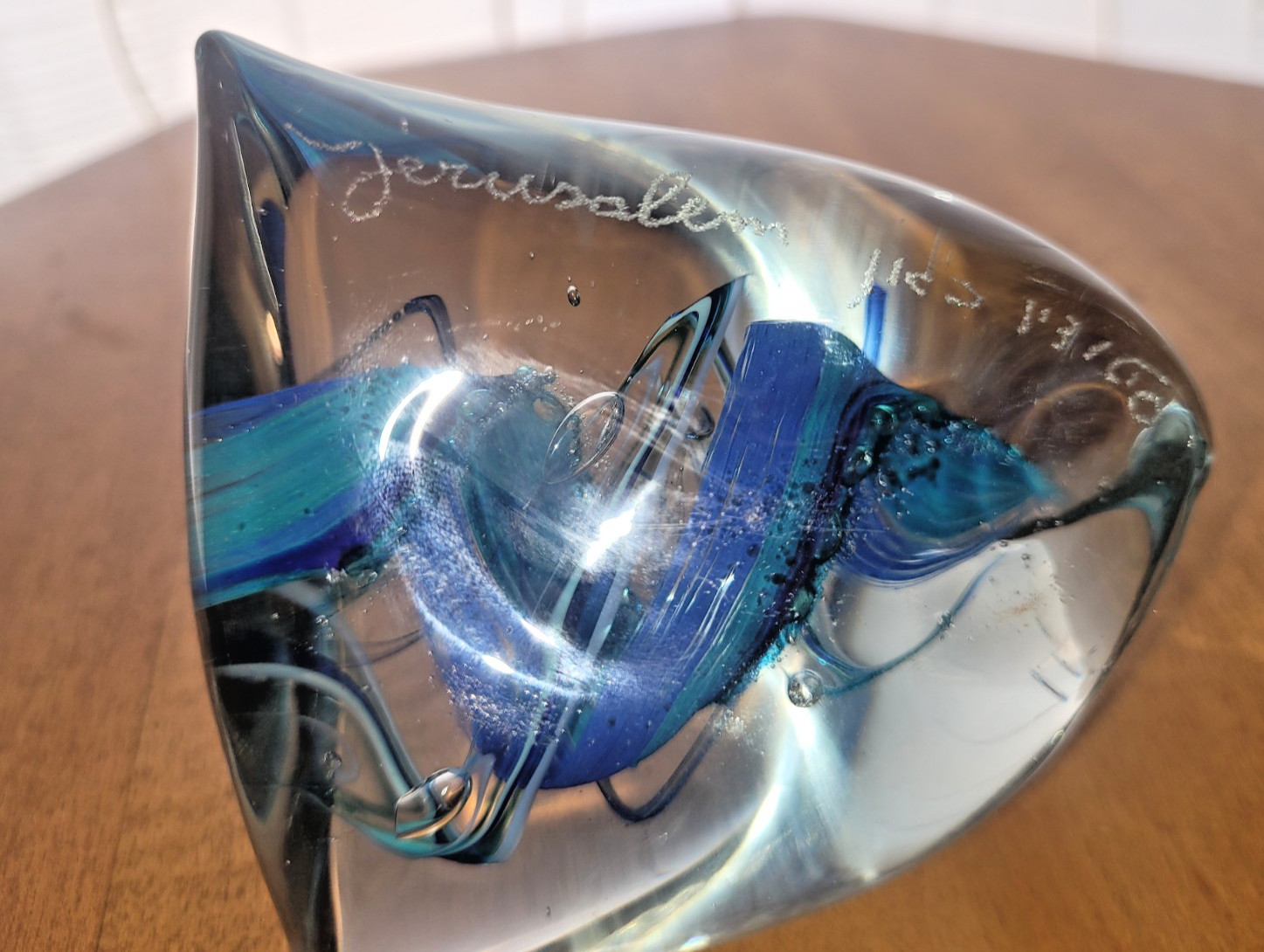 Clear and Blue Glass Paperweight Marked Jerusalem 3 Inches wide