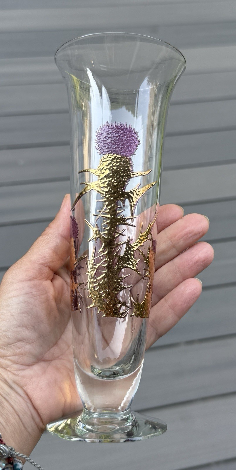 Rare Gregory Duncan Purple Thistle MCM Bud Vase 22k Gold West Virginia Glass Co