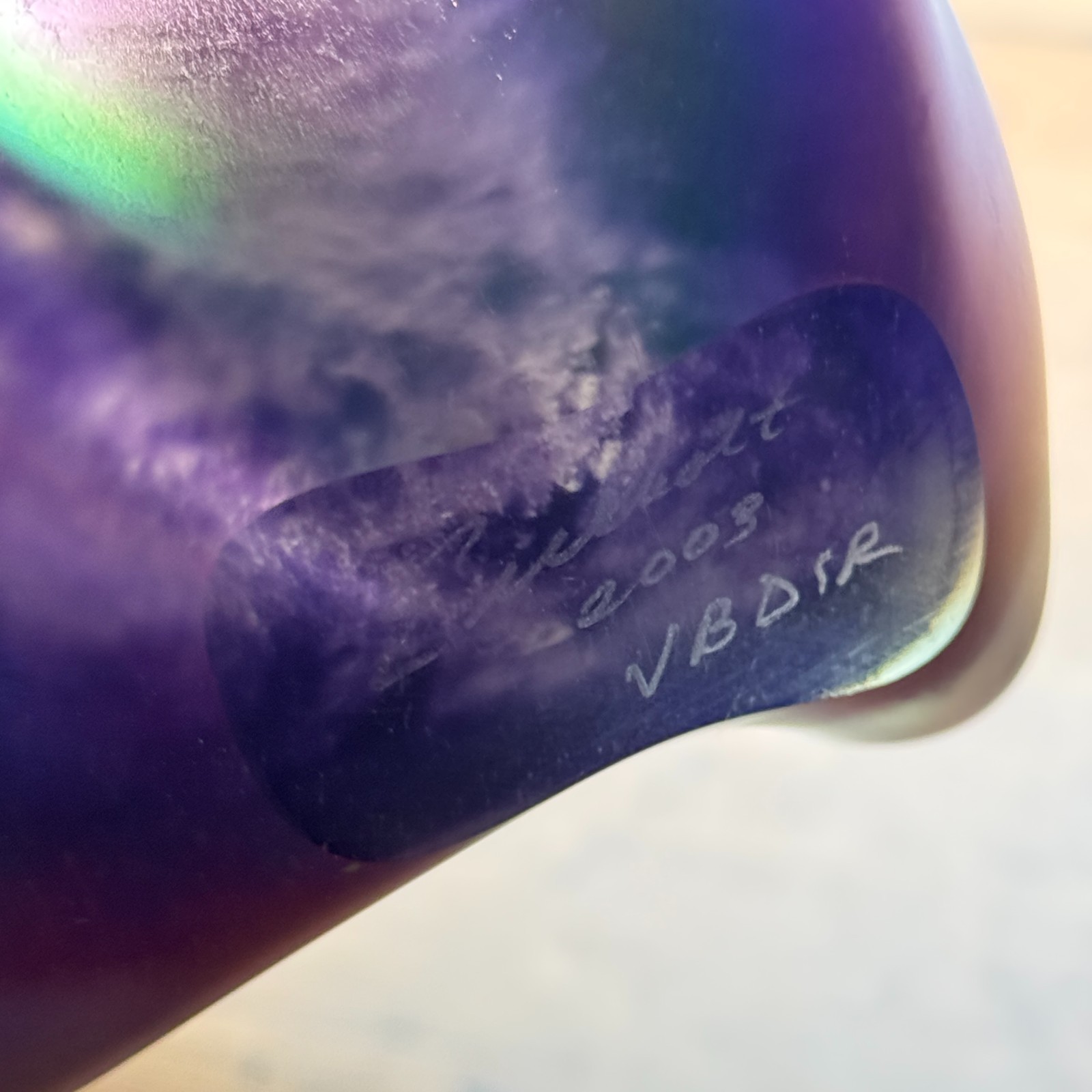2003 Robert Eickholt 12 1/2″ Purple Dichroic Freeform Art Glass Vase