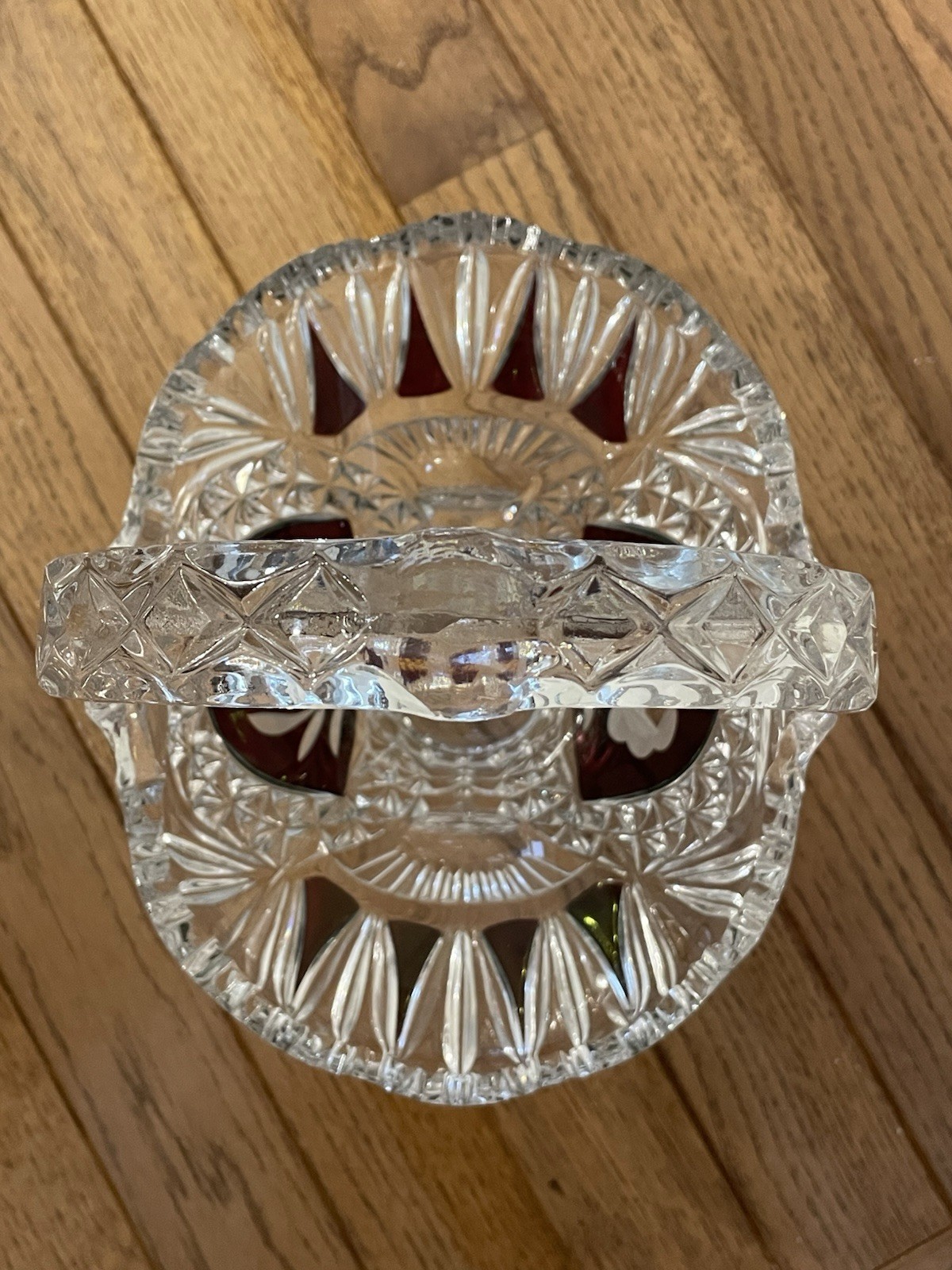 Vintage Crystal Clear & Ruby Red Basket with Handle with Etched Rose