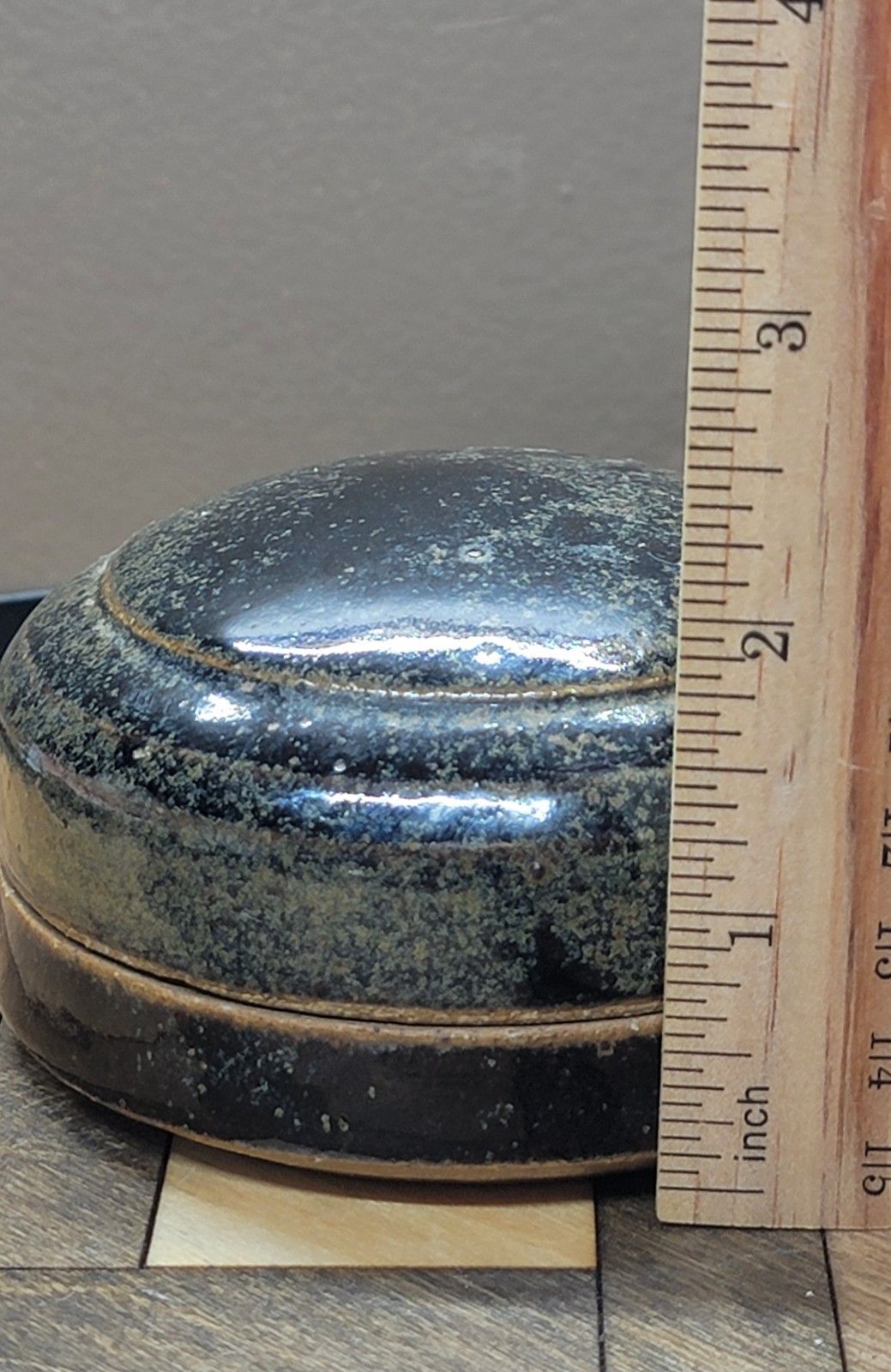 Domed Lid Art Pottery Round Trinket Box Signed Spices Black Beige Earthy Speckle