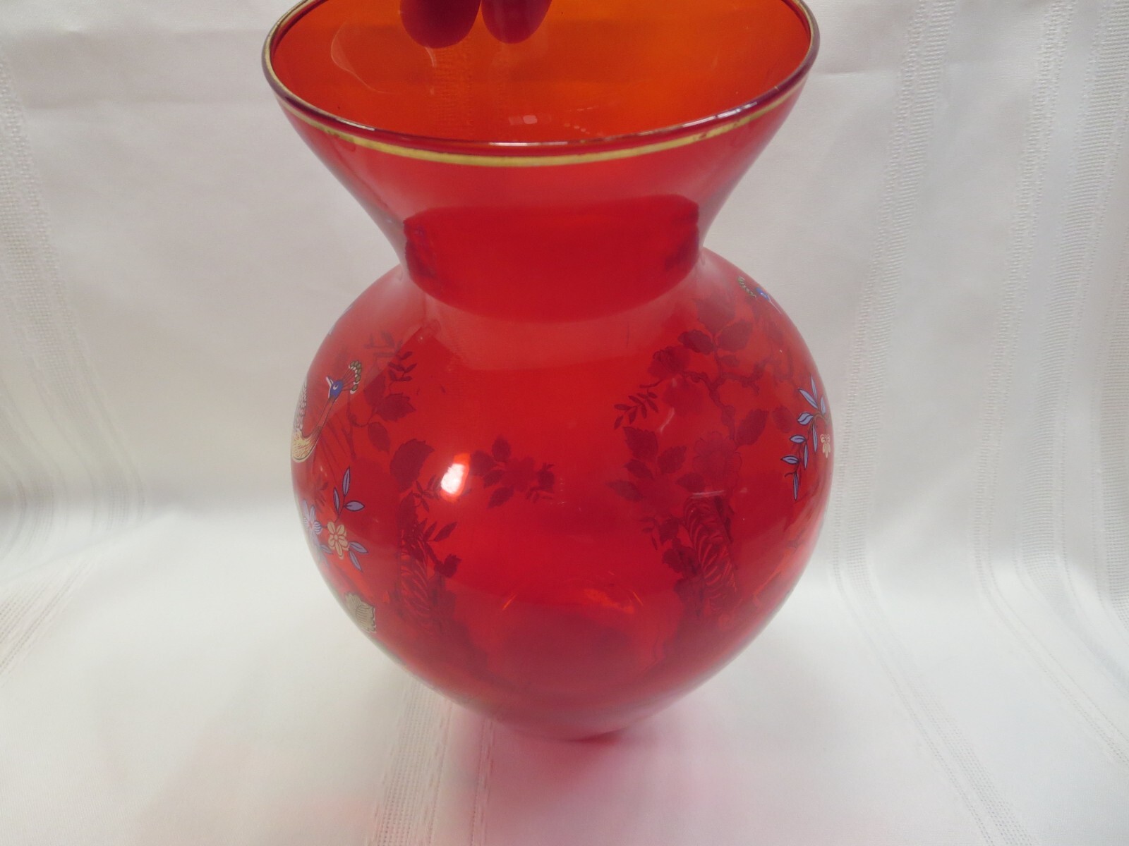 Gorgeous Vintage Norleans Red Ruby Glass 10 Inch Flower Vase Peacock and Flowers
