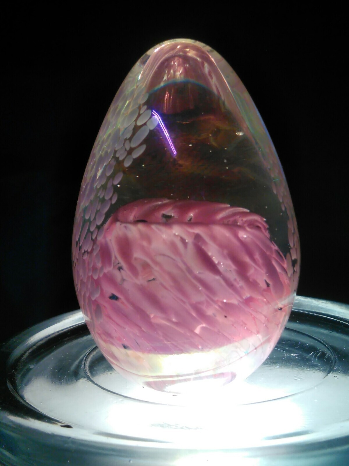 ART GLASS EGG PAPERWEIGHT PINK, WHITE, AND CLEAR