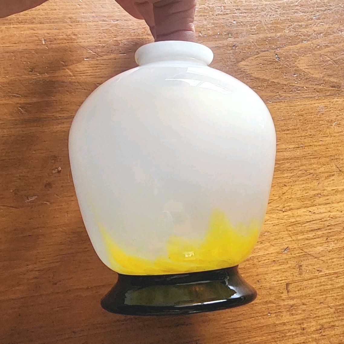 Hand Blown Glass Bud Vase Japan White Yellow Green Black Base High Gloss