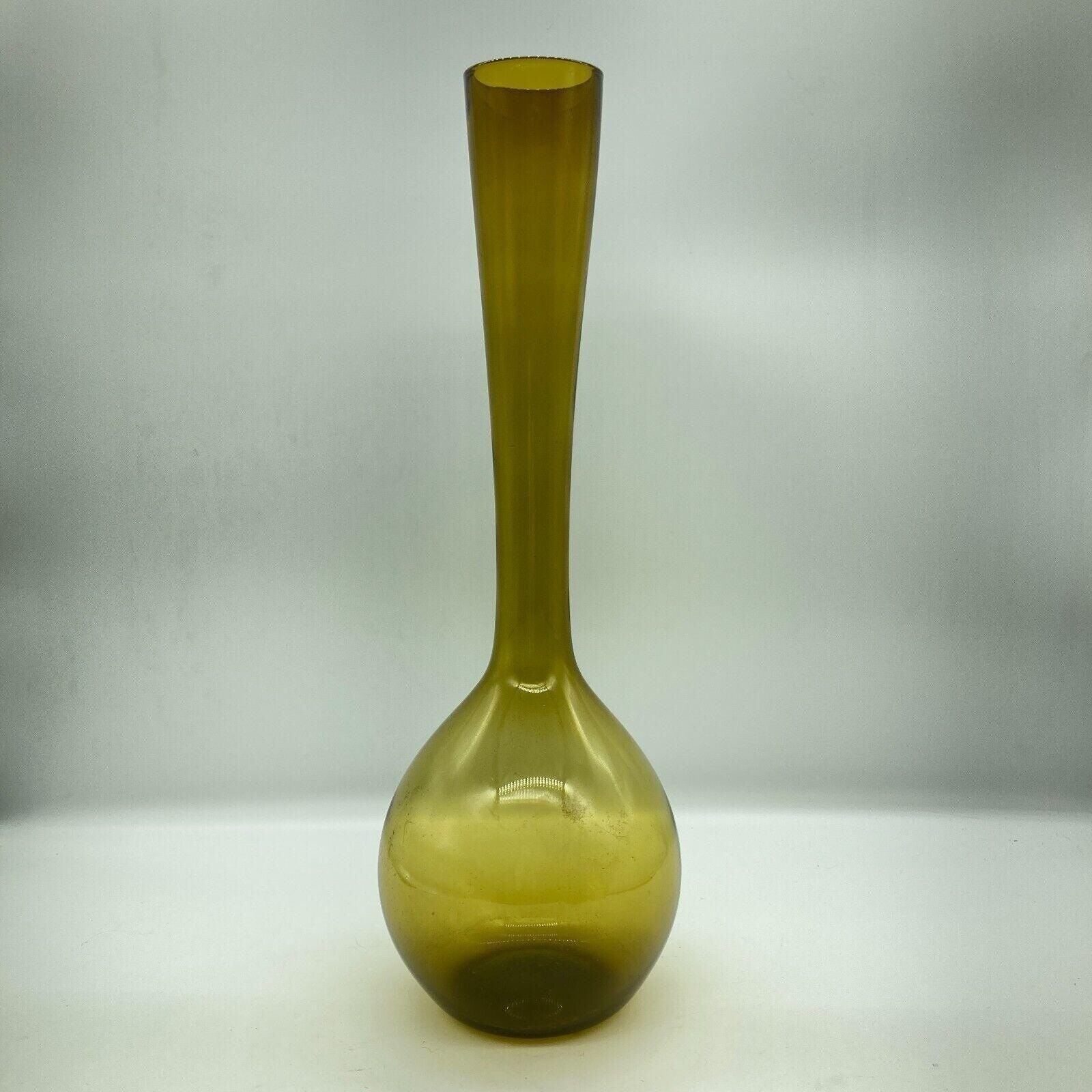 MCM Vase 15.75″ Long Neck Hand Blown Olive Art Glass Bulb Base Tall Vintage