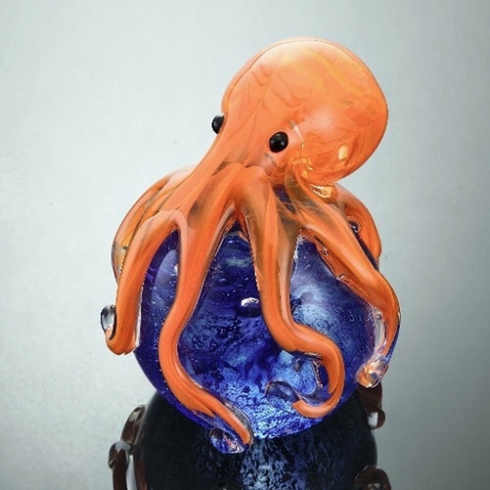 SPI Home 76030 Art Glass Octopus Orange Paperweight Sphere Coastal Nautical