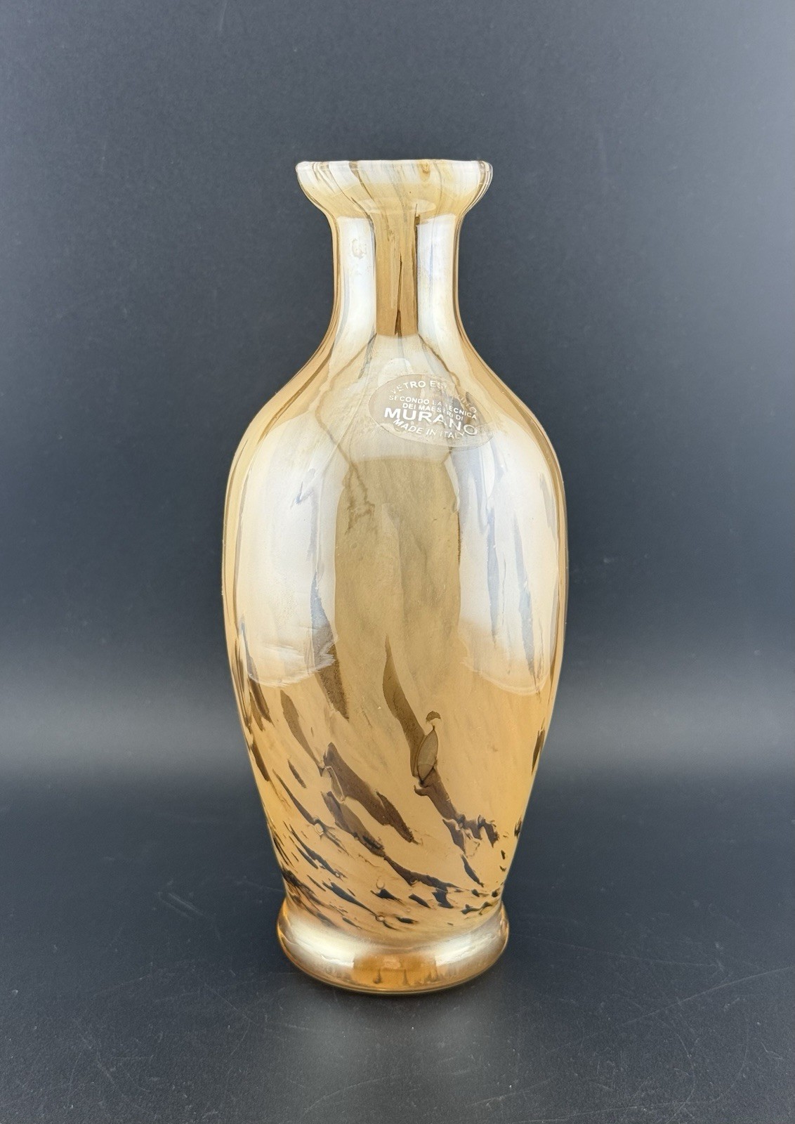 Murano Vetro Eseguito Made In Italy Beige And Brown Art Glass Vase 8”