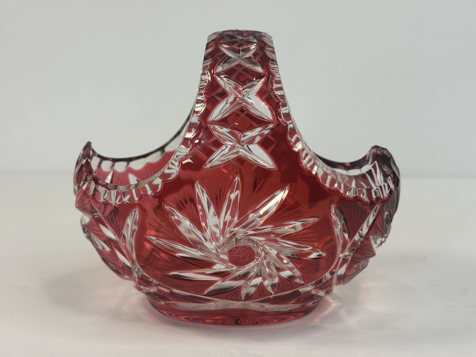 Bohemia Cranberry Cut Glass Floral Basket Centerpiece Vintage Poland MCM Classic