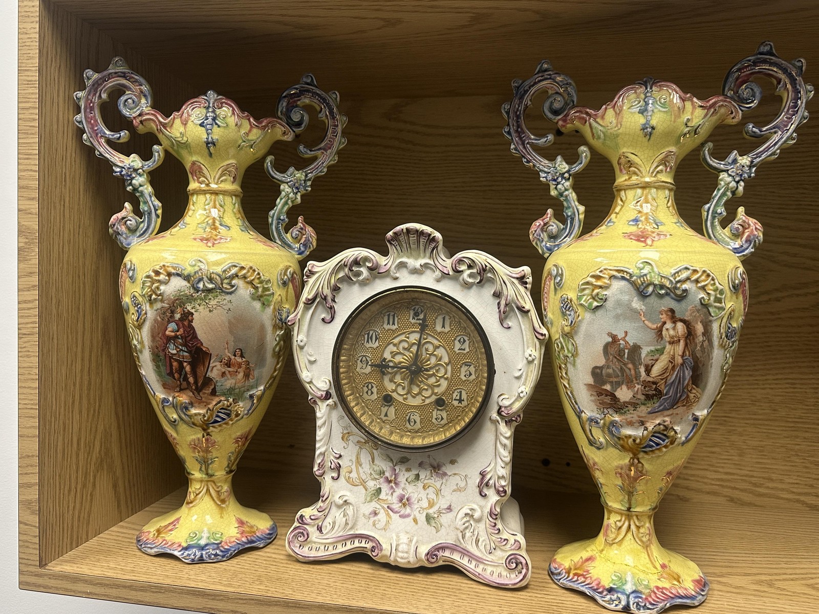 Antique Porcelain Mantel Clock & Pair Urn Vases Victorian Garniture Set