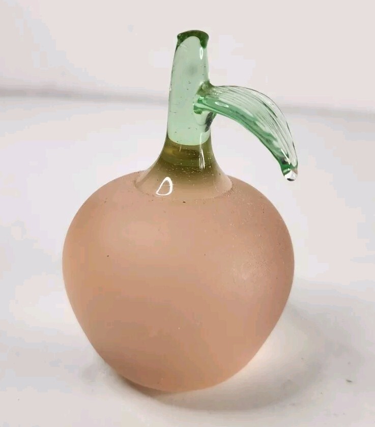 Vintage Art Glass Pink Peach/Apple Frosted Green Stem Leaf Paperweight Crown Cre