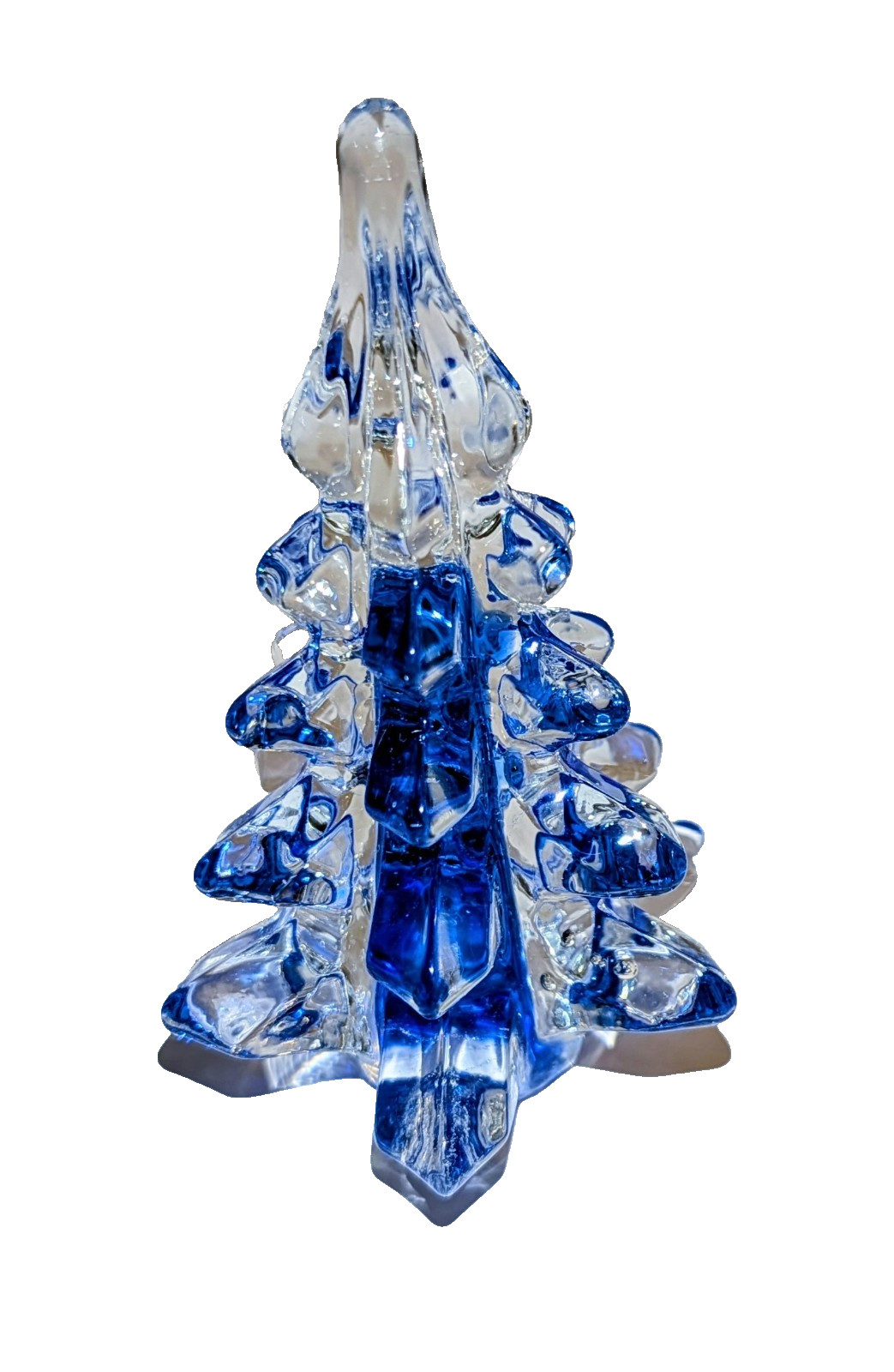 Vtg MidWest Cobalt Blue Art Glass Xmas Pine Tree Crystal Ribbon Sculpture x2 A+