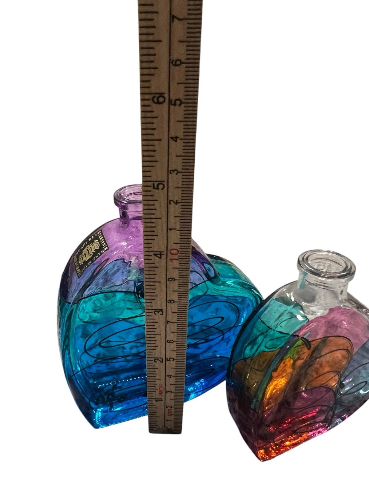 Kefla M Draksler Slovenija Art Glass Bottles (2) Heart Shaped Made In Italy Colo