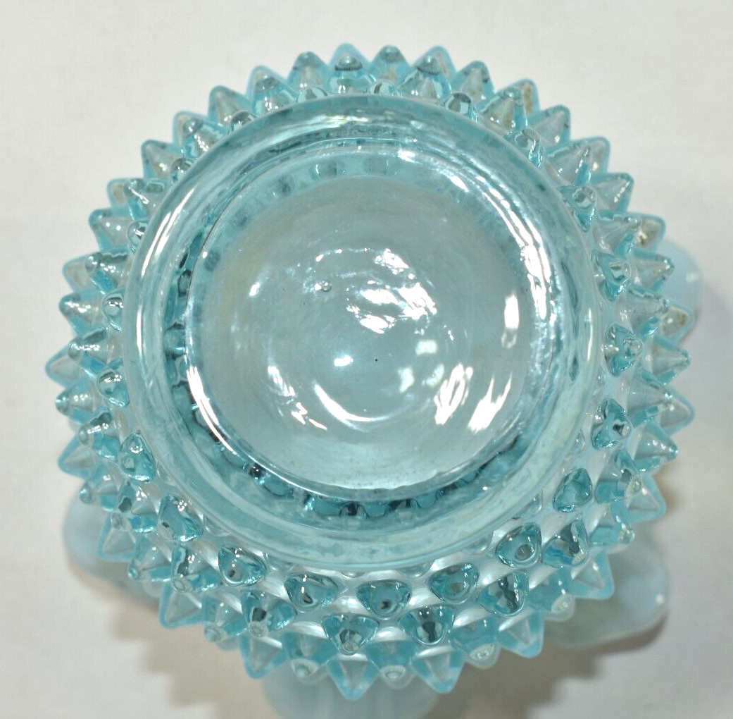 Vtg Fenton Aqua Turquoise Blue Opalescent Hobnail Ruffled Art Glass Vase 4.5″