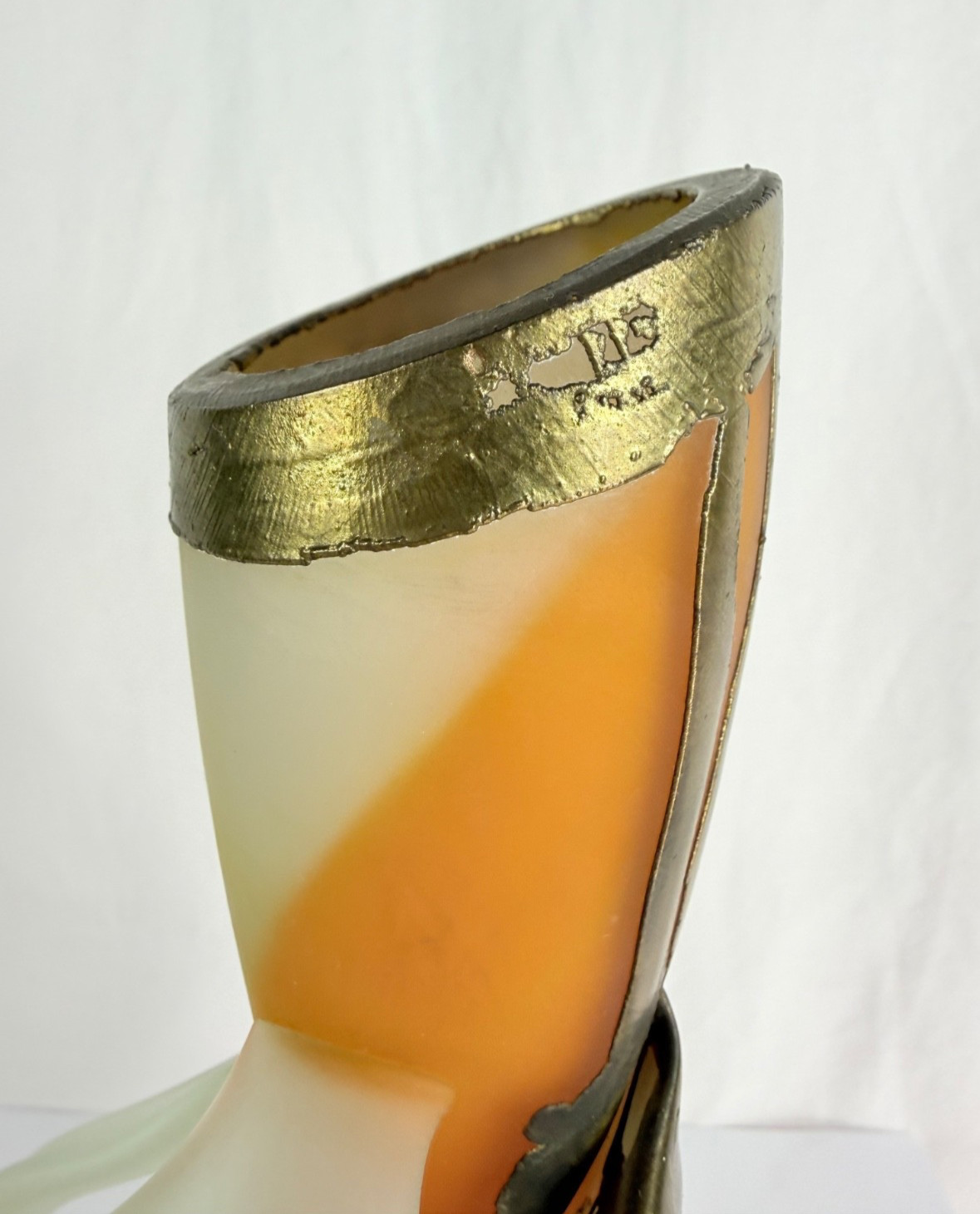 Art Glass Vase Studio Signed Fused Bronze Orange Frosted Vasile Vardan Style VTG