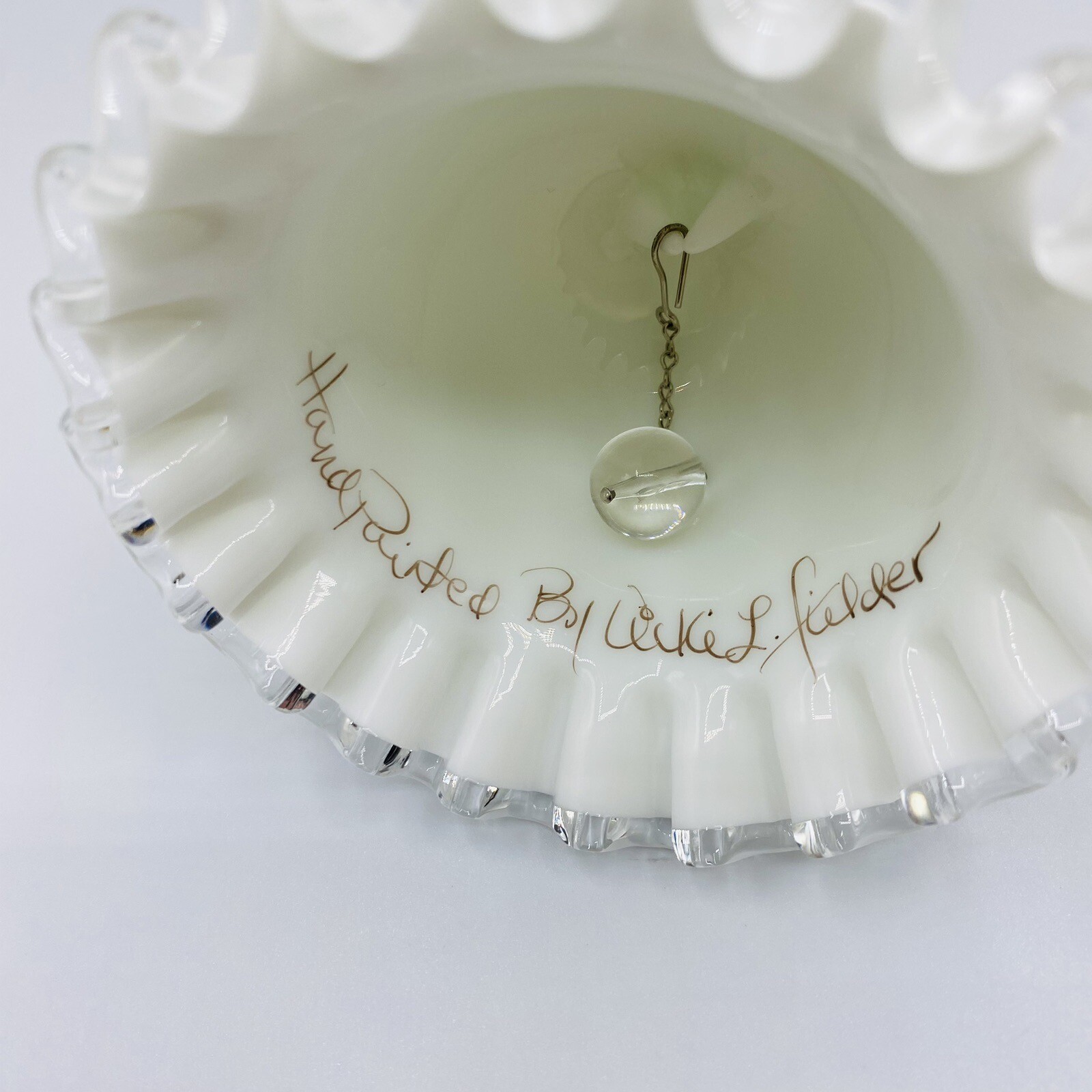 VTG Fenton Milk Glass Violets in Snow Spanish Lace Bell Silver Crest Signed 6”