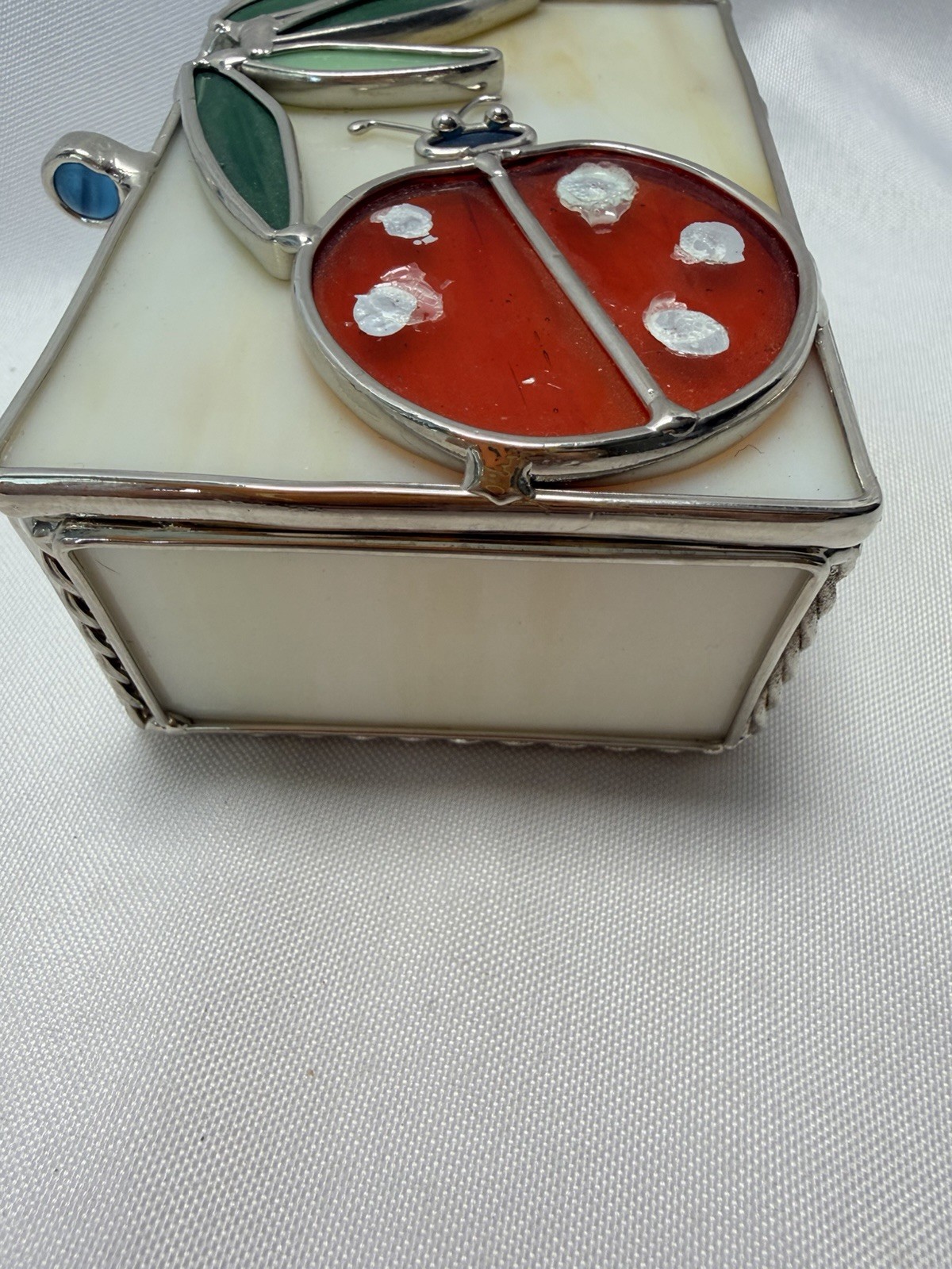 STAINED GLASS Ladybug Jewelry Trinket Box 3D Handmade -Design On Inside