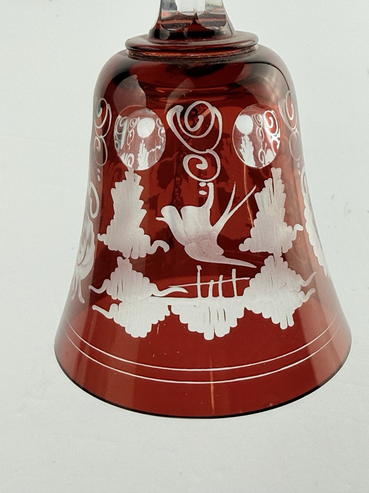 Vintage Bohemian Ruby Red To Clear Crystal Glass Czech Bell Clear Handle Doves