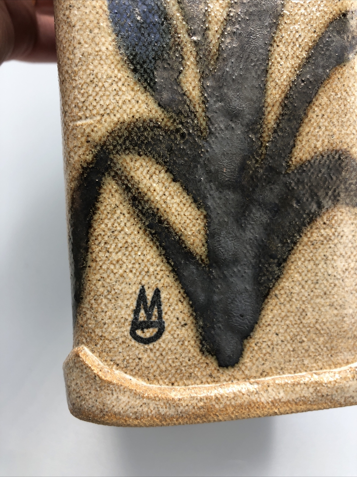 Vase Pottery Artist Signed and Stamped Iris Flower Square 12 1/2″ Tall