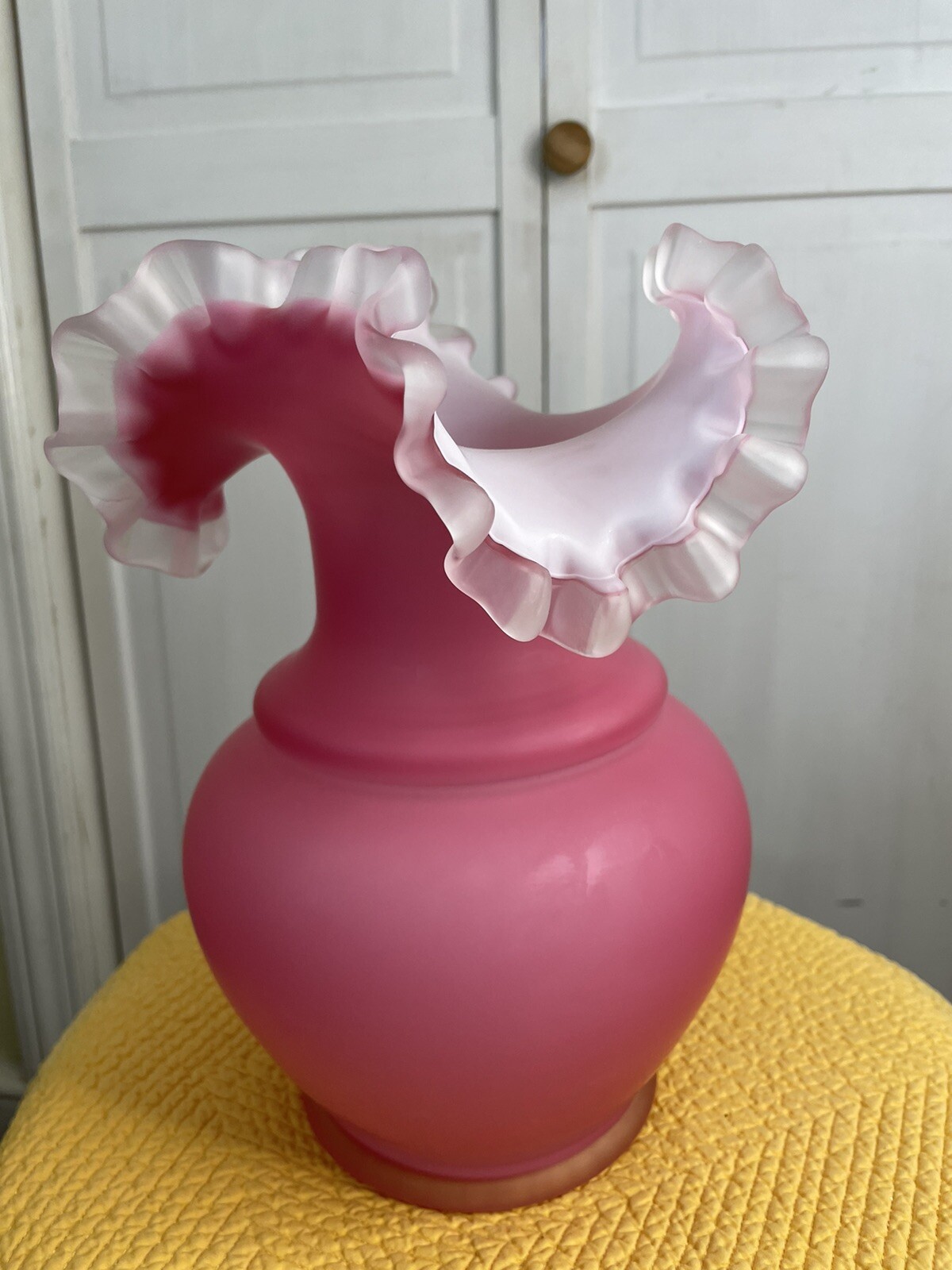 Art Glass Vase Satin Cranberry Pink Opalescent Glass Ruffle Top 10″ Fenton?