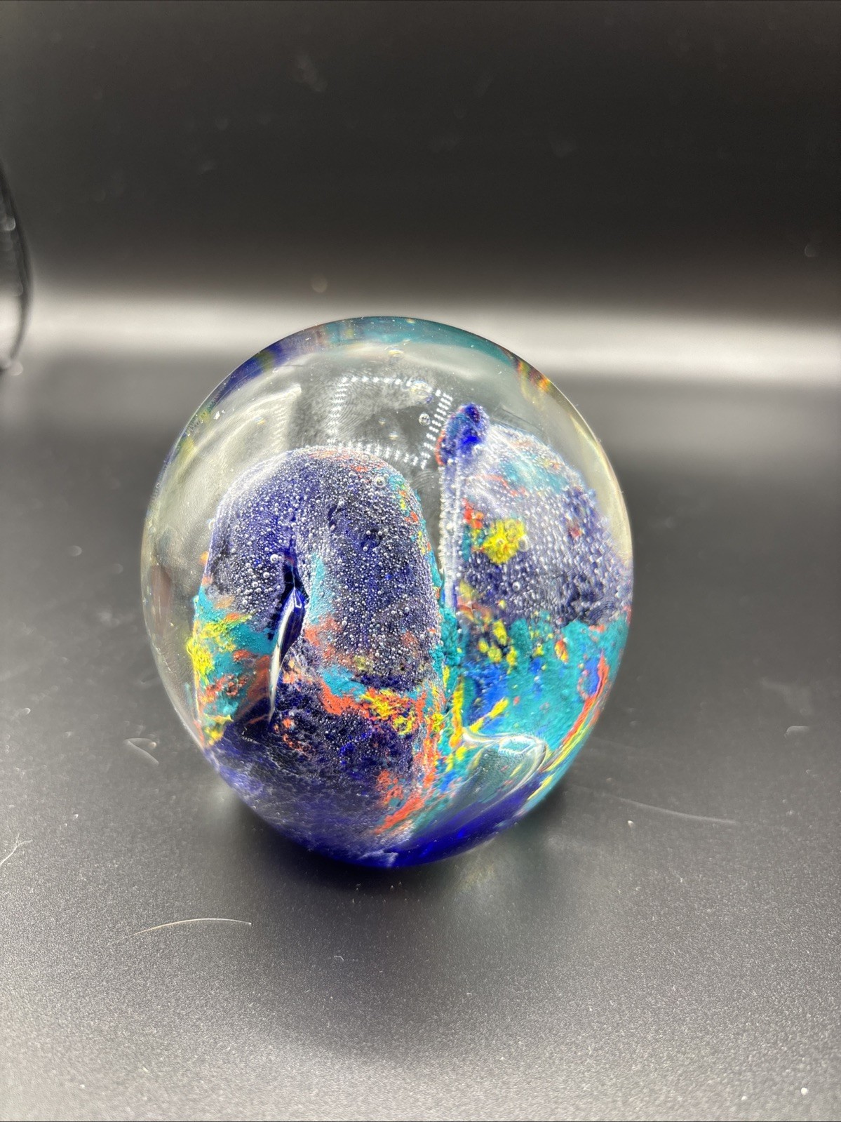 Colorful Coral Swirl Art Glass Paperweight Blue Teal Yellow Underwater Abstract