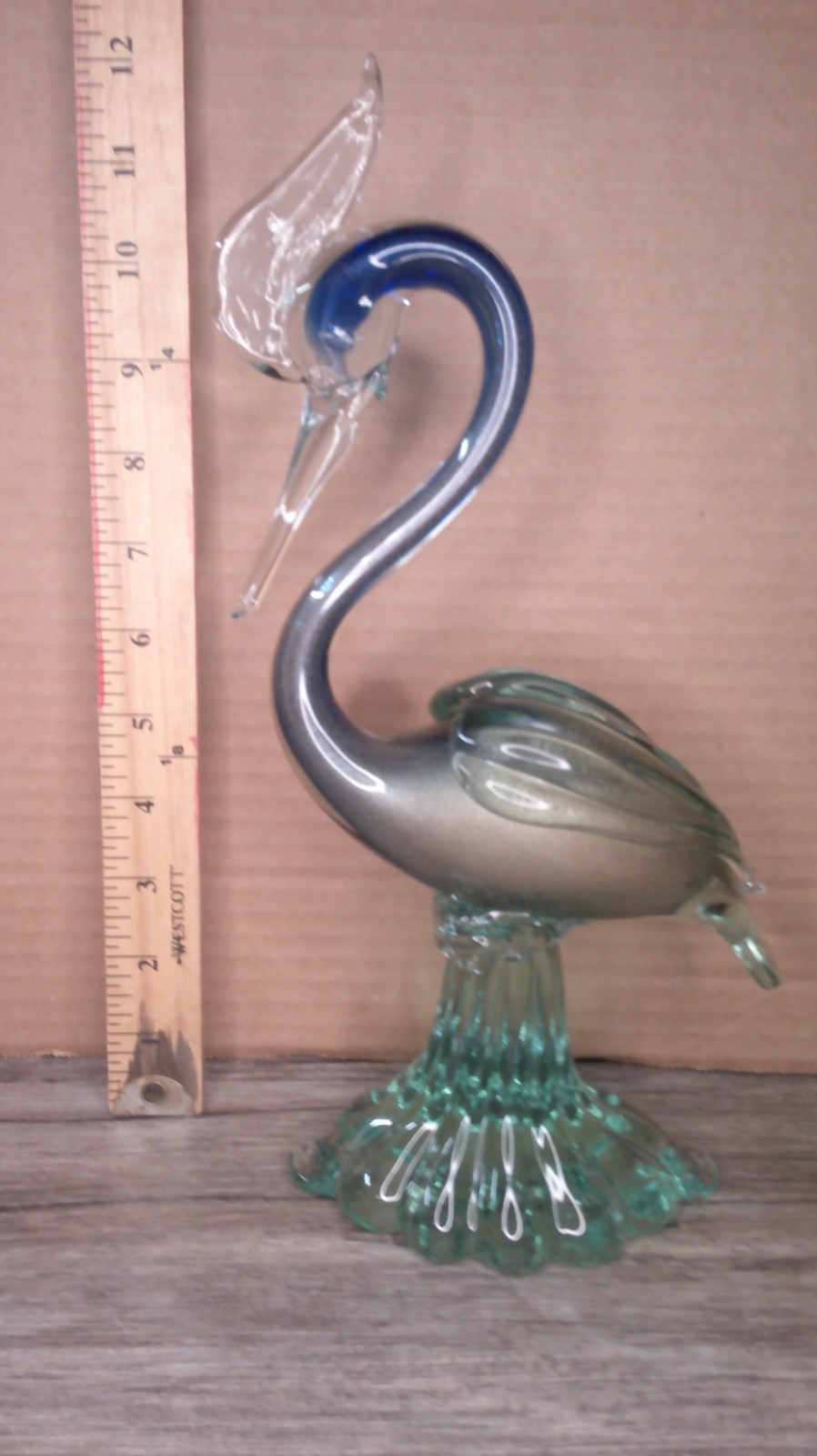 vintage 12 ” Murano art glass hand blown blue swirl w/ Gold flecks Heron figure