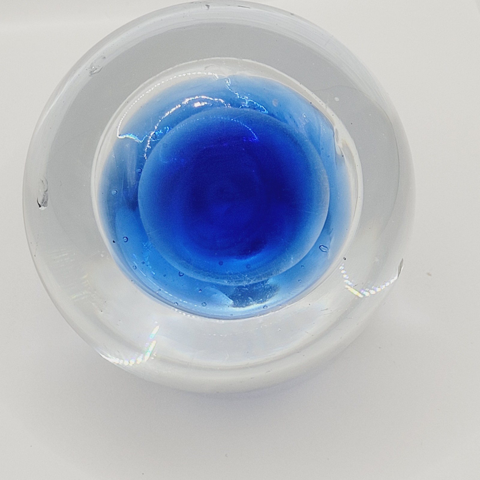 Blown Art Glass Paperweight Cobalt Blue w Clear Donut Hole Controlled Bubbles