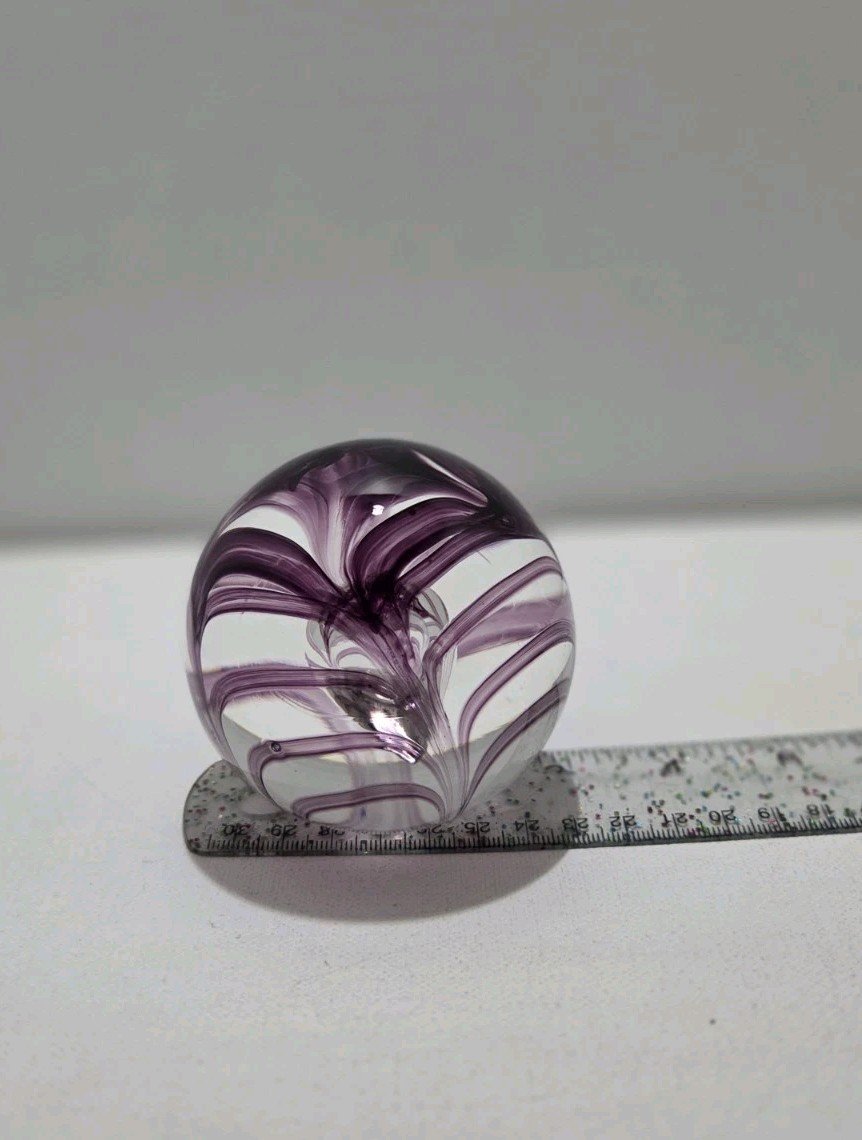 VTG Langham Art Glass Paperweight UK w Purple “Fenicio” Pattern Around Air Pearl