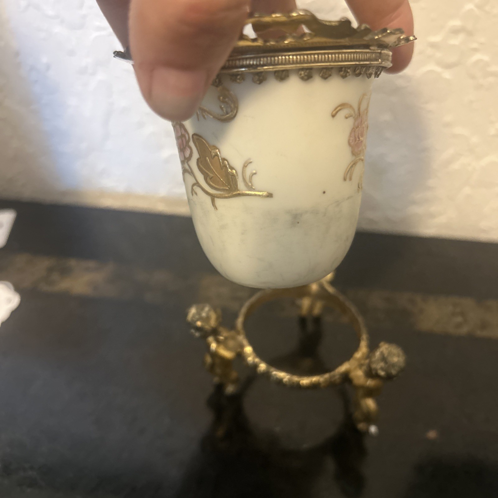 Antique Porcelain Germany Kalk Crossed Arrows Mark Bronze cup & Ashtray Cupids