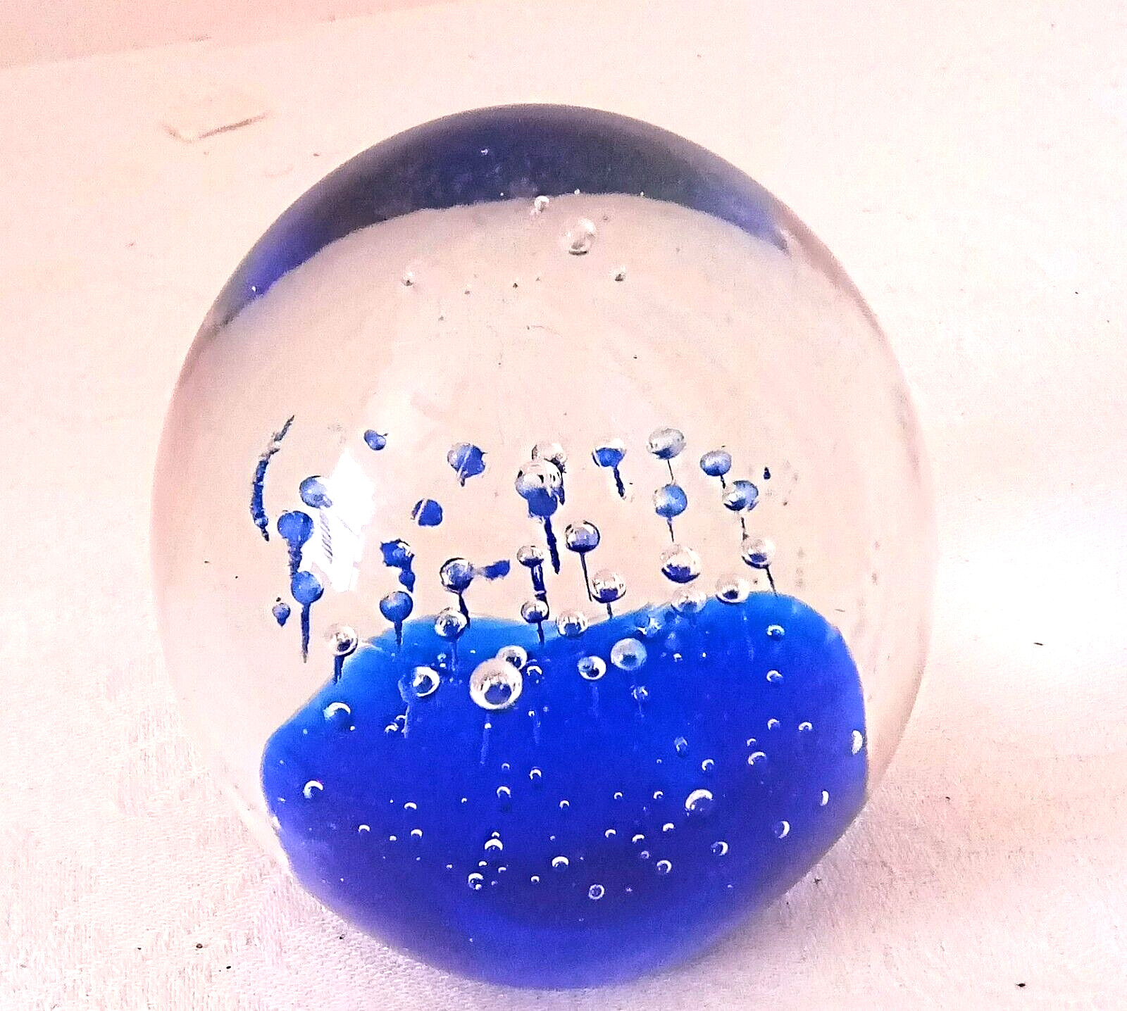 Art Glass Paperweight Hand Blown Ocean Water Theme Cobalt Blue Vintage 3 3/4″
