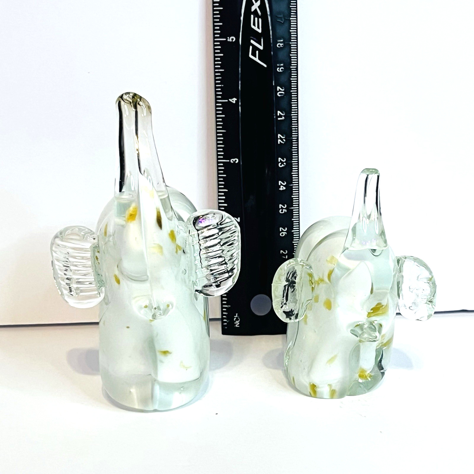 Elephant Pair Trunk Up Blown Glass Paperweight Figurine White and Gold Unbranded