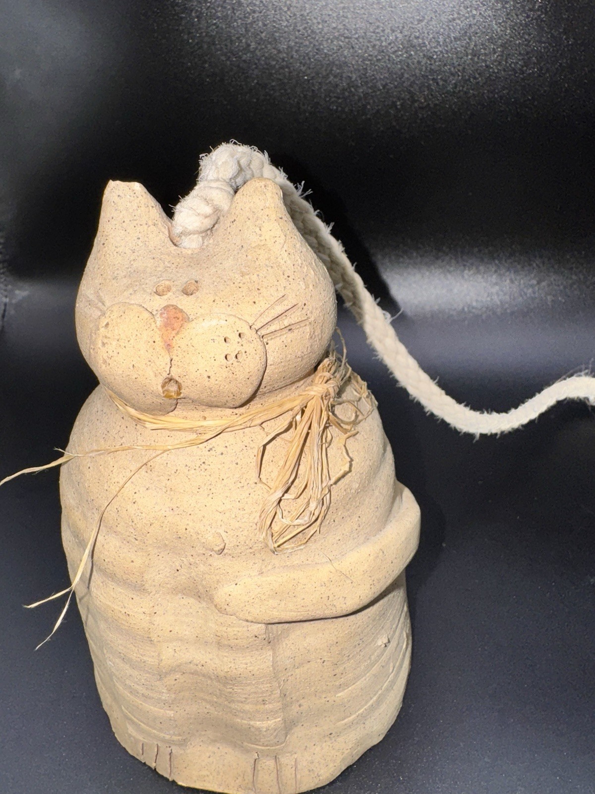 Handmade Pottery Cat Bell Ornament Signed Chari Rustic Clay Folk Art 6” Tall